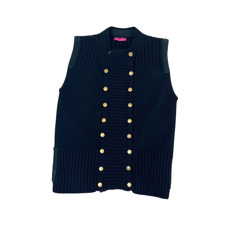 Lara Kazan Black Merino Wool Knit Vest Double Breasted Gold Military Size Small